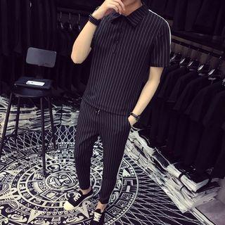 Set: Striped Short-sleeve Polo Shirt + Cropped Pants