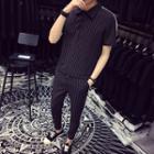 Set: Striped Short-sleeve Polo Shirt + Cropped Pants