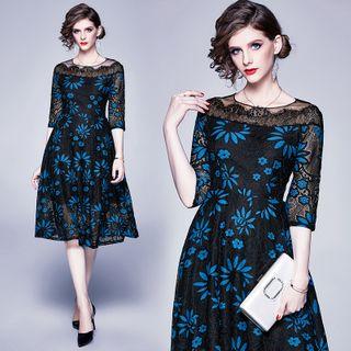 Flower Print 3/4-sleeve Midi A-line Lace Dress