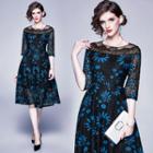 Flower Print 3/4-sleeve Midi A-line Lace Dress