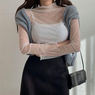 High-neck Dot / Flower Lace Top