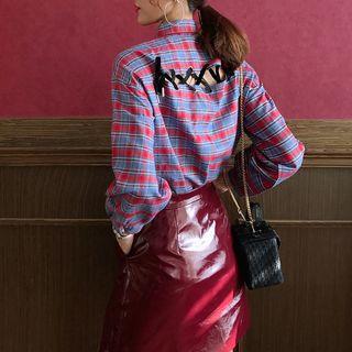 Lace-up Back Plaid Button Down Shirt