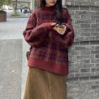 Houndstooth Sweater / Plain Midi A-line Skirt / Set