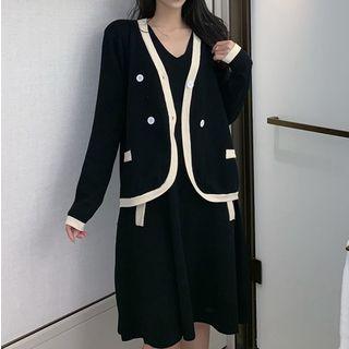 Set: Contrast Trim Knit Cardigan + Sleeveless Knit Dress Black - One Size