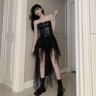 Faux Leather Tube Top / Mesh A-line Skirt