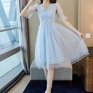 Dotted Lace Trim Short-sleeve Mesh Midi A-line Dress