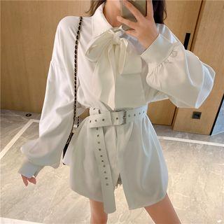Set: Tie-neck Balloon-sleeve Shirt + Belt