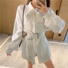 Set: Tie-neck Balloon-sleeve Shirt + Belt