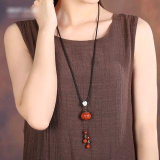 Retro Faux Gemstone Pendant String Necklace Black & Red - One Size