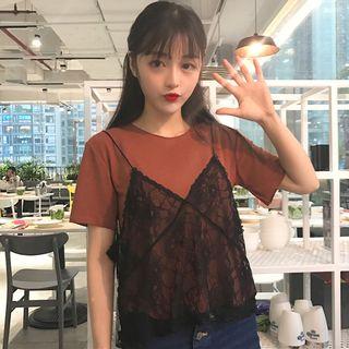 Set: Short-sleeve T-shirt + Lace Camisole Top