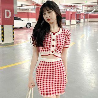 Contrast Trim Plaid Button-up Crop Top / Mini Pencil Skirt