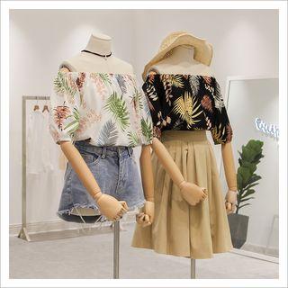 Leaf Print Off Shoulder Elbow Sleeve Blouse