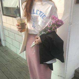 Short-sleeve Lettering T-shirt / Midi Pencil Skirt / Set