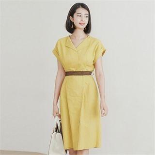 Cuffed-sleeve Linen Blend Dress With Belt