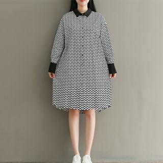 Wavy Stripe Long-sleeve Midi Shirt Dress