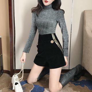 Glittered Turtle-neck Long-sleeve Slim-fit Top / Velvet High-waist Shorts