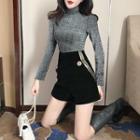 Glittered Turtle-neck Long-sleeve Slim-fit Top / Velvet High-waist Shorts