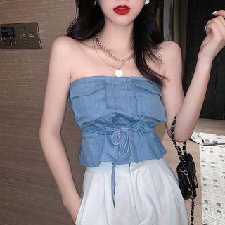 Denim Drawstring Strapless Top