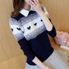 Faux Pearl Color Block Collared Sweater