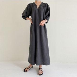 Puff Sleeve V-neck Plain Cotton-linen Maxi Shift Dress