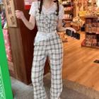 Short-sleeve Lace Blouse / Wide Leg Pants / Plaid Camisole Top