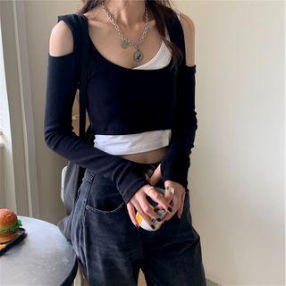 Long-sleeve Mock Two-piece Cut-out T-shirt