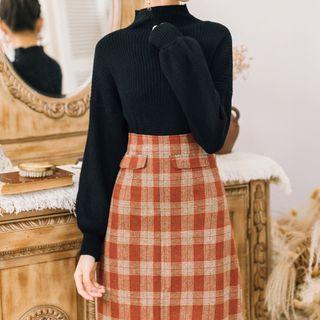 Set: Mock-neck Sweater + Plaid Midi A-line Skirt