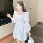 Faux Pearl Square-neck Long-sleeve Mini A-line Dress White - One Size