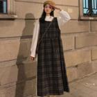 Sleeveless Plaid Woolen Midi Dress / Mock-neck Plain Top