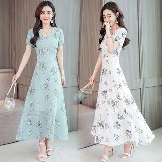 Flower Print Short-sleeve A-line Maxi Chiffon Dress