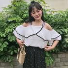 Piped Frilled Cutout Shoulder Short-sleeve Top