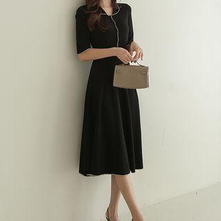Half-placket Piped Midi Flare Knit Dress Black - One Size