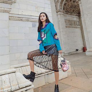 Print Lace Hem Hoodie