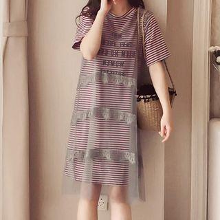 Set: Elbow-sleeve Striped Lettering T-shirt Dress + Sleeveless Lace Trim Mesh Dress