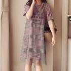 Set: Elbow-sleeve Striped Lettering T-shirt Dress + Sleeveless Lace Trim Mesh Dress