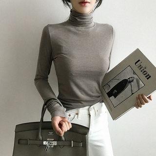 Turtleneck Slim-fit Plain Top Mocha - One Size