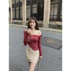 Spaghetti Strap Mini Sheath Dress / Long-sleeve Off-shoulder Asymmetrical T-shirt