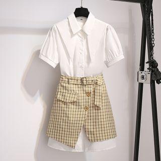 Set: Short-sleeve Shirtdress + Plaid A-line Skirt
