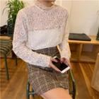 Long-sleeve Mock-neck Lace Top / Plaid Mini Fitted Skirt