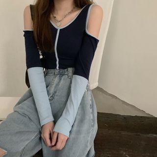 Contrast Trim Cold-shoulder Long-sleeve T-shirt Navy Blue - One Size