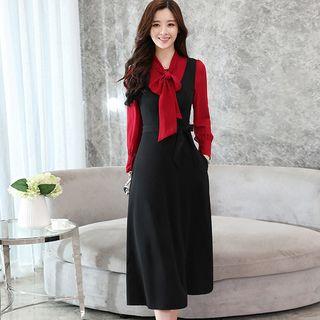 Set: Tie-neck Blouse + Sleeveless Midi A-line Dress