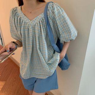 Plaid Puff-sleeve Blouse / Tote Bag / Plain Shorts / Set