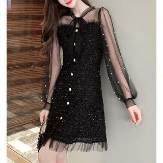 Long-sleeve Mesh Tweed Panel Mini Dress