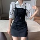 Elbow-sleeve Shirt / Spaghetti-strap Mini Sheath Pinafore Dress