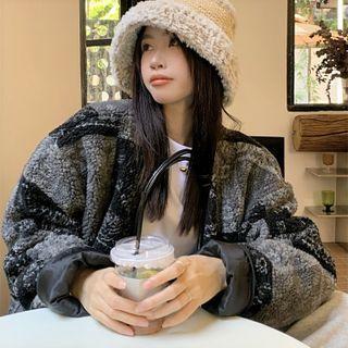 Fleece Print Loose-fit Coat Black - One Size