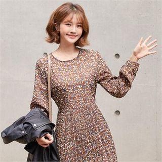 Round-neck Pleated Floral Midi Dress