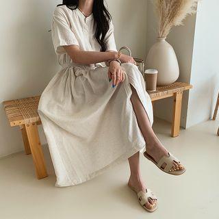 Mandarin-collar Belted Maxi Shirtdress