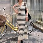 Short-sleeve Striped Midi Polo Dress Almond - One Size