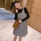 Long-sleeve Plain Knit Top / Houndstooth A-line Pinafore Dress