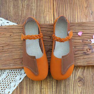 Two-tone Panel Woven Strap Mary Jane Flats